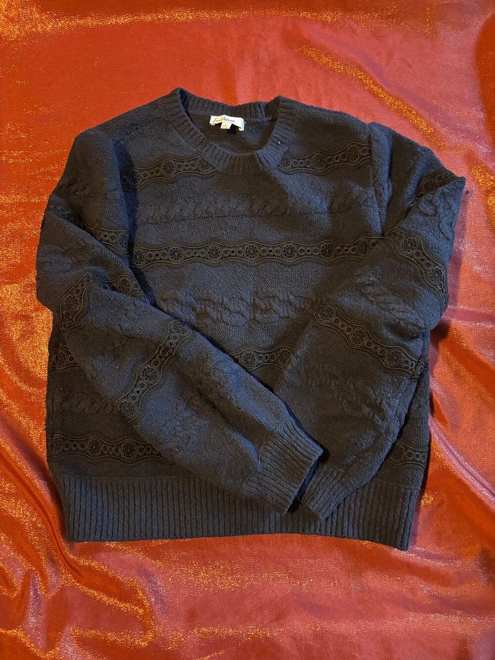 Sam Edelman Sweater Womens M Black Cable Knit Lace Trim Crew Neck Pullover